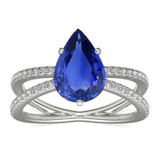 Diamant-Verlobungsring Birne Blauer Saphir 5 Karat Split Shank - harrychadent.ch