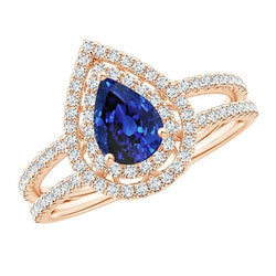Diamant-Verlobungsring Doppel Halo Birne Blauer Saphir 5.75 Karat
