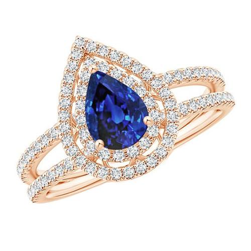 Diamant-Verlobungsring Doppel Halo Birne Blauer Saphir 5.75 Karat - harrychadent.ch