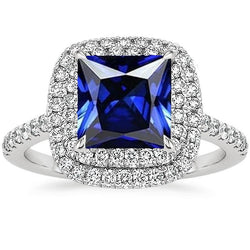 Diamant-Verlobungsring Doppel Halo Blauer Saphir 7 Karat Weißgold