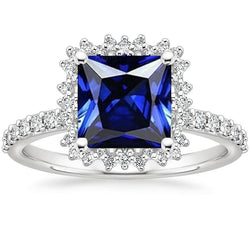 Diamant-Verlobungsring Halo Ceylon Saphir Sunburst Style 6,25 Karat