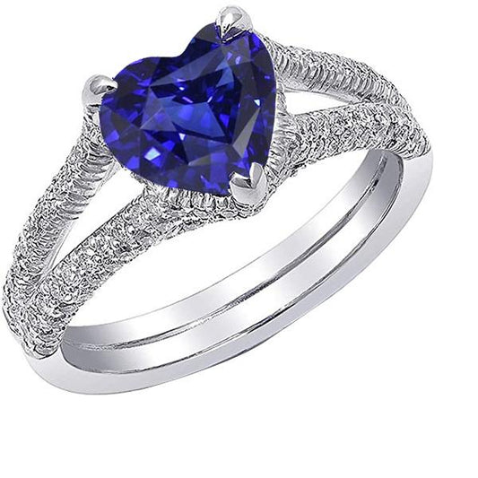 Diamant-Verlobungsring-Set Herzschliff Naturblauer Saphir 4 Karat - harrychadent.ch