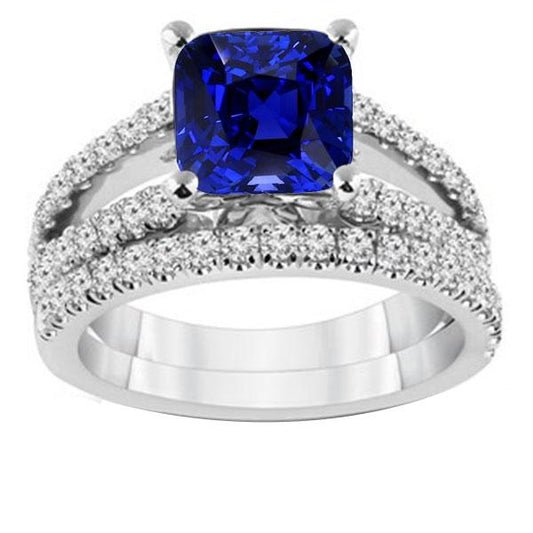 Diamant-Verlobungsring-Set Kissen Sri Lankan Saphir 3,50 Karat - harrychadent.ch