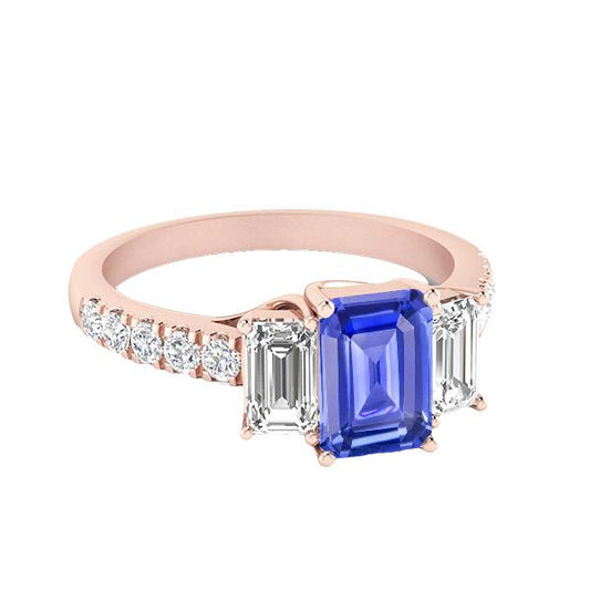 Diamantring 3 Steine Stil Smaragdblauer Saphir Roségold 3,50 Karat - harrychadent.ch