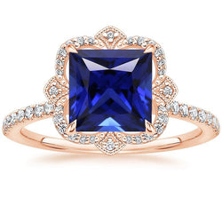 Diamantring Vintage-Stil Princess Blue Saphir mit Akzenten 6 Karat