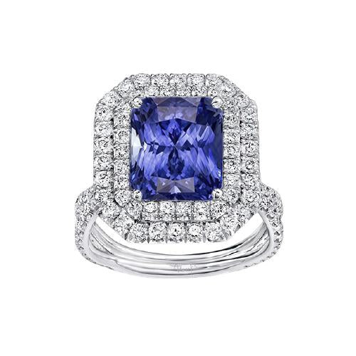 Doppelter Halo-Diamant-Gold-Saphir-Verlobungsring mit geteiltem Schaft 4 Karat - harrychadent.ch