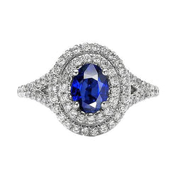 Doppelter Halo-Diamantring mit ovalem blauem Saphirgold 14K 11,25 Karat