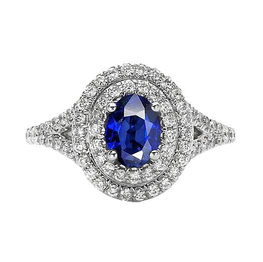 Doppelter Halo-Diamantring mit ovalem blauem Saphirgold 14K 11,25 Karat - harrychadent.ch