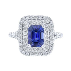 Doppelter Halo-Ehering Smaragd blauer Saphir & Diamanten 4 Karat