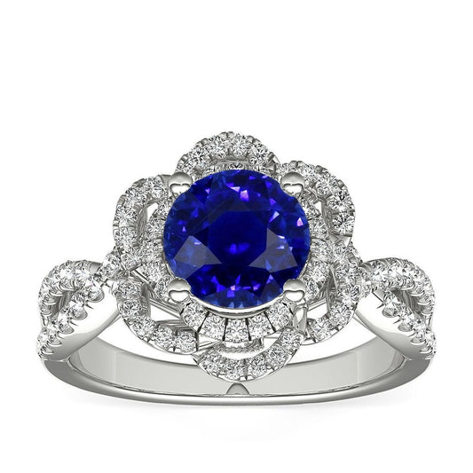 Doppelter Halo runder blauer Saphirring im Blumenstil 5 Karat geteilter Schaft - harrychadent.ch
