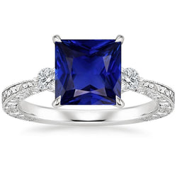 Drei-Stein-Edelstein-Ring Prinzessin Blauer Saphir & Diamant 5,25 Karat