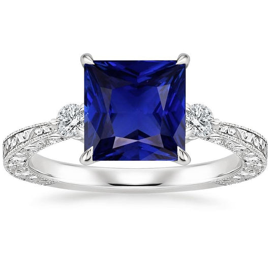 Drei-Stein-Edelstein-Ring Prinzessin Blauer Saphir & Diamant 5,25 Karat - harrychadent.ch