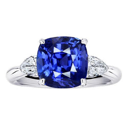 Drei Steine Birne Diamant & Kissen Blauer Saphir Ring 3.50 Karat