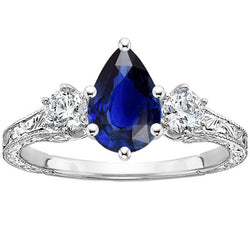 Drei-Steine-Ring Antik-Stil Birne Blauer Saphir & Diamanten 5 Karat