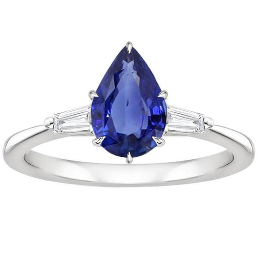 Drei Steine Ring Birne Blauer Saphir & Baguette Diamanten 3 Karat