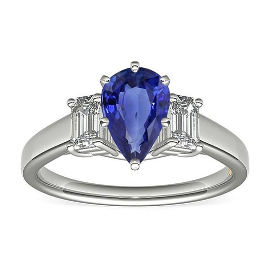 Drei-Steine-Ring Birne SriLanka Saphir 2 Karat & Smaragddiamanten - harrychadent.ch
