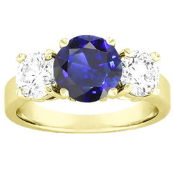 Drei Steine runder blauer Saphir & Diamant Ring 5 Karat Schmuck