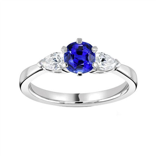 Drei Steine runder blauer Saphirring & Birnendiamanten 1,25 Karat - harrychadent.ch