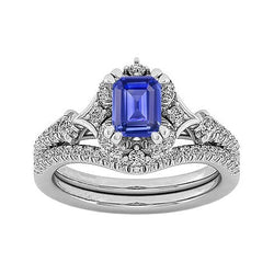 Ehering in Halo-Kathedralenfassung mit blauem Saphir und Diamanten