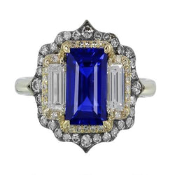 Gelb- und Weißgold Ring mit blauem Saphir-Diamant im Smaragdschliff 6,75 Karat