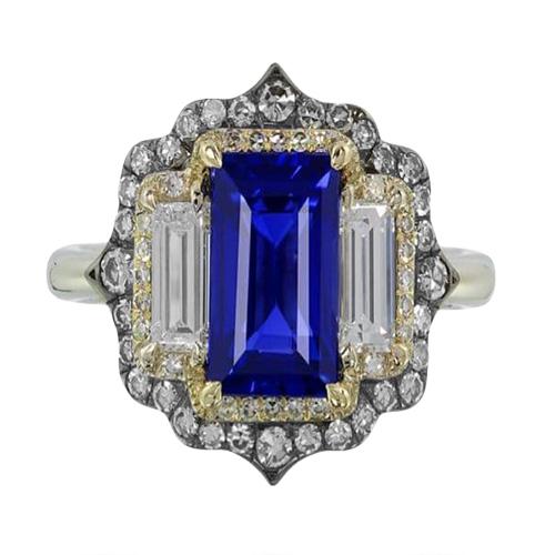 Gelb- und Weißgold Ring mit blauem Saphir-Diamant im Smaragdschliff 6,75 Karat - harrychadent.ch