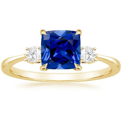 Gelbgold 3 Steine Ring Diamant und Kissen Blauer Saphir 2.50 Karat