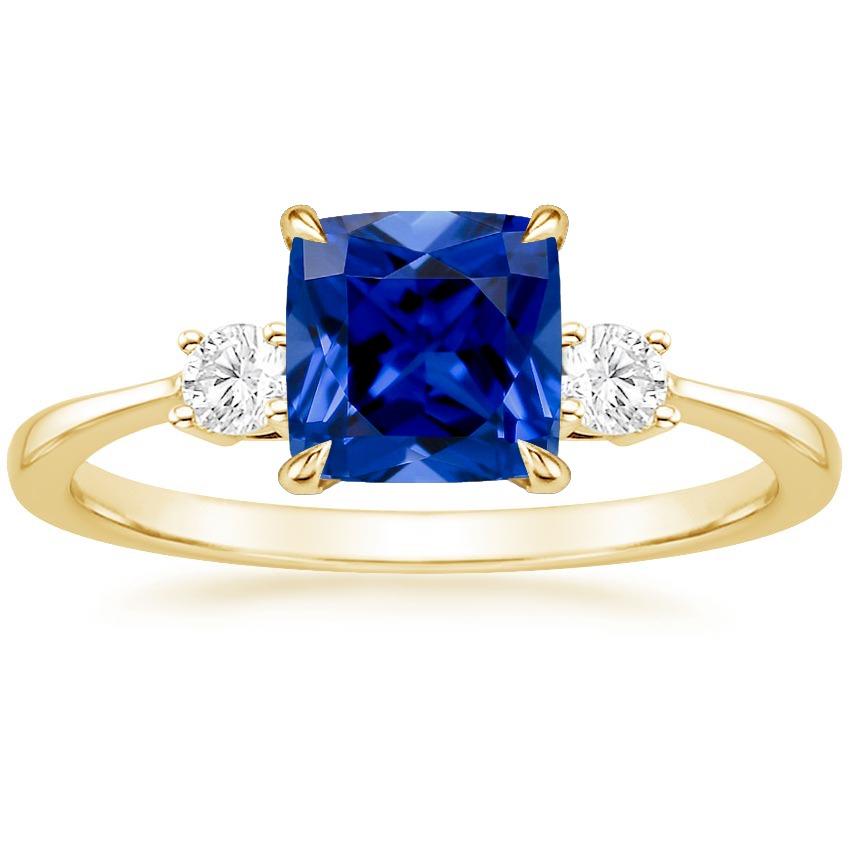 Gelbgold 3 Steine Ring Diamant und Kissen Blauer Saphir 2.50 Karat - harrychadent.ch