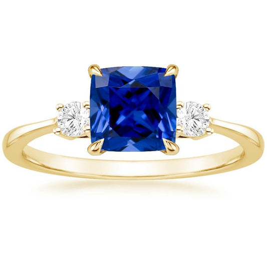 Gelbgold 3 Steine Ring Diamant und Kissen Blauer Saphir 2.50 Karat - harrychadent.ch