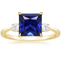 Gelbgold 3 Steine Ring Prinzessin Blauer Saphir & Diamanten 5,25 Karat