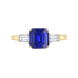 Gelbgold Diamantring 2 Karat Asscher Cut Ceylon Saphir 3 Steine