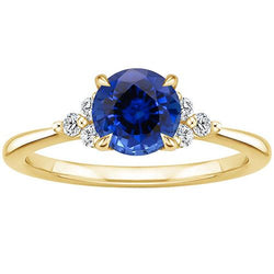 Gelbgold-Diamantring-Zinken blauer Saphir konischer Schaft 2,50 Karat