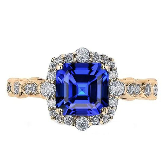 Gelbgold Halo Ring Blumenstil Asscher Blauer Saphir 4,50 Karat - harrychadent.ch
