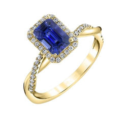 Gelbgold Halo Ring Smaragdförmiger Sri Lanka Saphir 3 Karat