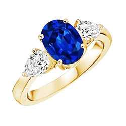 Gelbgold Ovaler blauer Saphir & Birnendiamant 3 Steine Ring 5,25 Karat