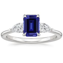 Gold 3 Steine Ring Smaragdschliff blauer Saphir & Birnendiamant 3,50 Karat
