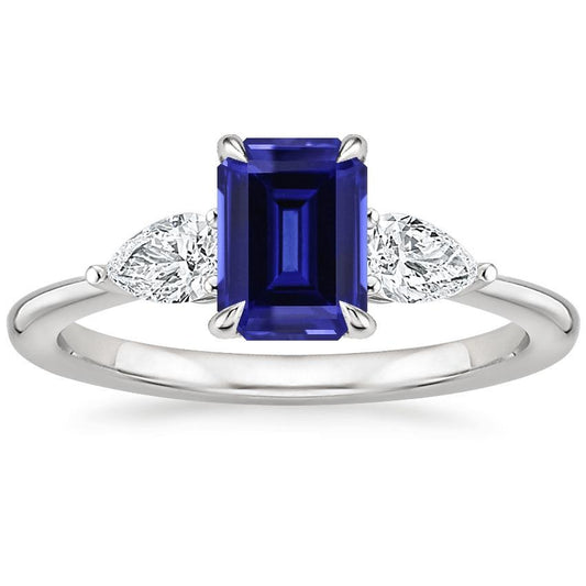 Gold 3 Steine Ring Smaragdschliff blauer Saphir & Birnendiamant 3,50 Karat - harrychadent.ch