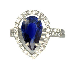 Gold Diamant Halo Ehering Set Birne Blauer Saphir Mitte 4 Karat