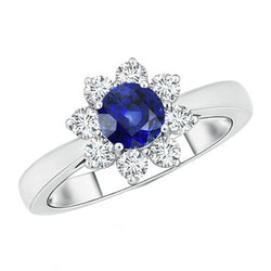 Gold Diamantschmuck Blumenstil Halo Rund Ceylon Saphir 3 Karat