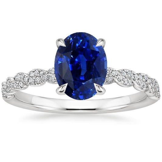 Gold Edelstein Ring Oval Blauer Saphir & Pave Set Diamanten 3,50 Karat - harrychadent.ch