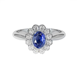Gold Lünette Set Halo Oval Ceylon Saphir und Diamantring 9,70 Karat