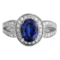 Gold Oval Halo Ring SriLanka Saphir Split Schaft & Diamanten 4 Karat
