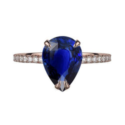Gold Solitaire Birne Ceylon Saphir Ring & Pave Set Diamanten 3 Karat