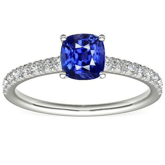Gold-Solitär-Saphirring im Kissenschliff und Diamanten in Pavé-Fassung 3 Karat - harrychadent.ch