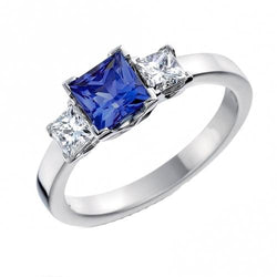 Goldener Edelstein Prinzessin Blauer Saphir & Diamant 3 Steine Ring 5 Karat