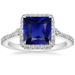 Goldener Halo-Diamantring Prinzessin Blauer Saphir mit Akzenten 6,25 Karat