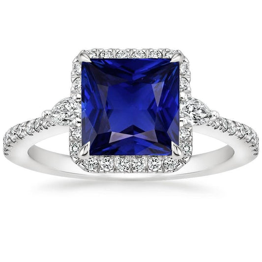 Goldener Halo-Diamantring Prinzessin Blauer Saphir mit Akzenten 6,25 Karat - harrychadent.ch