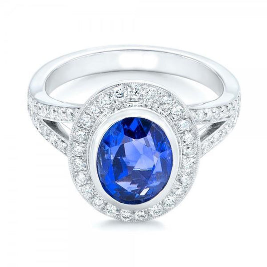 Großer Ceylon Saphir mit Diamanten 4.75 ct Ring Weißgold 14K