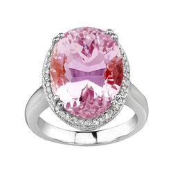 Großer rosa Kunzit mit Diamanten 30.75 Ct Ehering Gold Weiß 14K
