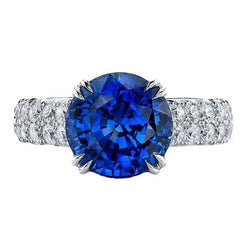 Großer runder Diamantring echter blauer Saphir 6 Karat Krappenset Gold