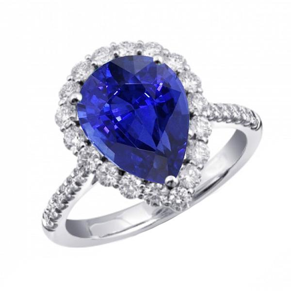 Halo Birnenförmiger blauer Saphir & runder Diamantring 5 Karat - harrychadent.ch